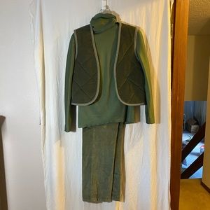 3 Piece Green outfit. Vest, Turtleneck top, and Pants. Size Medium